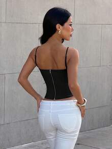 European And American Style Strapless Fishbone Top For Women, Criss-Cross Strap With Rhinestone Decor, Waist-Cinched Slimming Cold Shoulder Bandeau, Curved Hemline For Proportional Look, Suitable For Date, Party, Hot Girl Y2K Style - Charcoal Black - View 5
