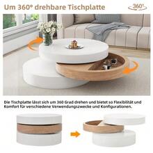 N625P300077W Cylindrical Coffee Table, 360° Rotating Top Surface, Rotating Living Room Table, Three-Tier Sofa Table, 3 Storage Surfaces, Recommended Total Load Capacity 30 Kg, Willow Wood With Storage Space - White + Natural - View 2