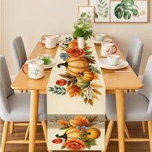1 Pc Fall Floral Pumpkin Rose Maple Leaf Table Runner Washable Suitable For Outdoor Indoor Party Kitchen Home Dining Table Center Can Be Used For Living Room Rectangular Dining Table Restaurant Decoration - Beige - View 8