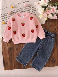 Baby Girl Pink 3D Strawberry Waffle Knit Short Sweatshirt & Bud Waist Wide Leg Denim Jeans 2-Piece Set, Soft Textured Top, Spring/Autumn Casual Versatile Outfit - Pink - View 1
