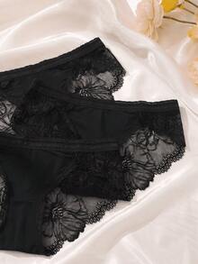 3pcs Black Lace Patchwork Low Waist Sexy Women's Triangle Panties - Black - View 5