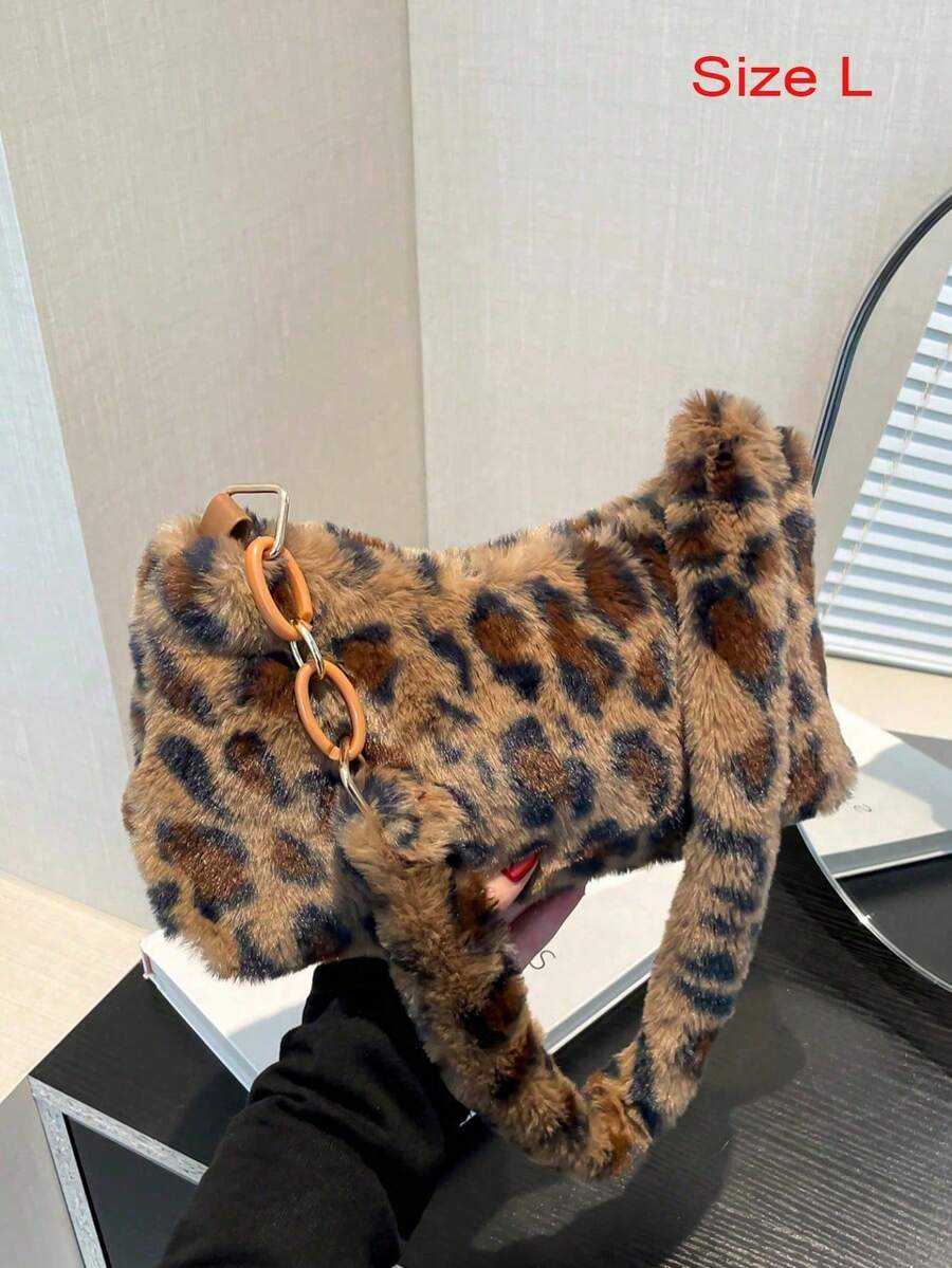 Leopard Print Fuzzy Shoulder Bag (Random Print Position) - Brown - View 1