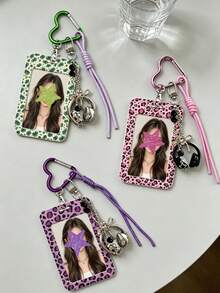 Leopard Print Card Holder Pendant With Star Pendant,Sliding Cover Retractable Card Sleeve,Personalized Fashion Card Holder,Cute Keychain Pendant - Multicolor - View 1