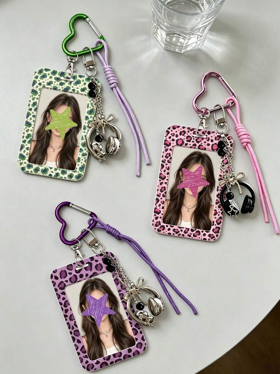 Leopard Print Card Holder Pendant With Star Pendant,Sliding Cover Retractable Card Sleeve,Personalized Fashion Card Holder,Cute Keychain Pendant - Multicolor - View 1