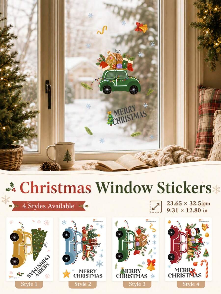 SUPSTICKER Stiker Jendela Mobil Natal, Stiker Kaca Motif Kepingan Salju Liburan, 4 Gaya, 23,65x32,5cm, Dekorasi Jendela Rumah - mobil - View 1