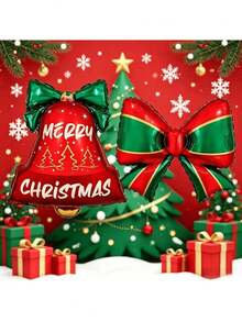 2PCS Christmas Bell & Bow Aluminum Foil Balloon Set, Suitable For Christmas Tree Hanging Decorations, Holiday Party Decor, Christmas And New Year Decorations - Christmas Bell Bow - View 3