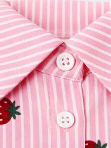 Baby Girl Pink Striped Strawberry Print 3-Piece Set, Solid Color Camisole + Collared Puff Sleeve Blouse + Elastic Waist Soft Straight Leg Denim Jeans - Pink - View 5