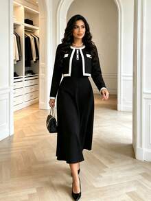 Plus Size Women's Elegant Spring/Summer/Autumn Outfit, Contrast Trim Button Cardigan Paired With Solid Color Long Dress 2-Piece Set Black - Black - View 2