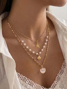 3pcs Summer Bohemian Style Faux Pearl Shell Pendant Multi-Layer Stackable Necklace Set, Suitable For Women Beach Vacation And Daily Wear, Coastal Style - Multicolor - View 2