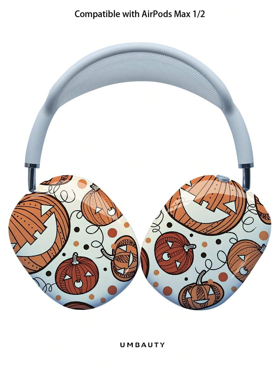 GIIPPA Glossy Hard Ear Cup Protective Cover Pumpkin Lantern Pattern Unisex Anti-Scratch Shell Compatible With AirPods Max 1/2 Oval Over-Ear Headphones For Daily Commute, Campus, Cafe, Travel, Picnic And Other Scenes Matching Accessories - Orange - View 1