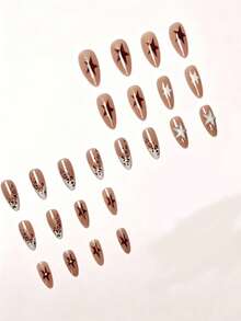 24pcs/Set French Medium Almond Shape Khaki Leopard Print 3D Silver Steel Ball Star Decor Full Coverage Press-On Nails, Suitable For Women And Girls Party, Date, Holiday - Multicolor - View 4