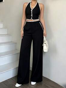Conjunto 2 Piezas Top Halter Espalda Descubierta y Pantalones Anchos, Elegante Outfit para Salir y Oficina, Estilo Chic Formal para Mujer - Negro - Ver 4