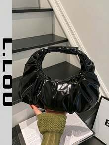2026 Autumn Fashion New Glossy Pleated Handbag Women's Fashion Cloud Bag Niche Design European And American Style - Black - View 2