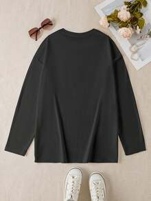 Women's WIFEY Leopard Print Letter Long Sleeve T-Shirt, Autumn/Winter Daily Home Base Layer, Loose And Comfortable Fit, Casual Wear, Suitable For Sleeping And Going Out - Black - View 5