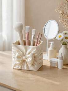 1pc Elegant Satin Bow Makeup Organizer Box, Makeup Brush Holder, Transparent Plastic Container, Hair Accessory Storage Box, Desktop Jewelry & Accessories Storage Basket, Multi-Functional Vanity Drawer Organizer, Suitable For Bedroom, Office, Countertop, Beauty Tool Storage Rack - Multicolor - View 3