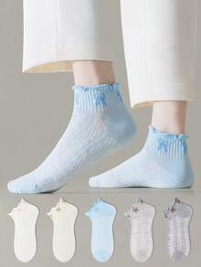 ZUJO 5 Pairs Multi-Color Women's Ruffle Short Socks, Bow Print Pattern, Simple And Comfortable, Suitable For Spring, Summer, Autumn Wear, French Country Style, Random Color Shipment - Multicolor - View 3