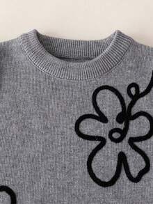2pcs/Set 1pc Girls Cute Embroidered Flower Knit Sweater Pullover And 1pc Solid Color Knit Pants Set, Suitable For Daily Casual Wear In Spring, Autumn And Winter - Grey - View 6