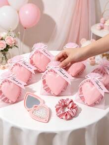 8/4/1 Set - Gender Reveal Party Favors, Pink Heart-Shaped Portable Folding Mirror Comb With Organza Bag And Thank You Card Gift Set - DIY Fillable Gift Bag, Cute Pink Heart Folding Mirror Comb, Scalp Massage Gift Packaging Bag Thank You Gift - Suitable As Baby Shower Party Favors, Baby Shower Gifts, Gender Reveal Party Theme, Children's Birthday Gifts, Guest Favors, Ideal Choice For Party Supplies And Decorations - Multicolor - View 3