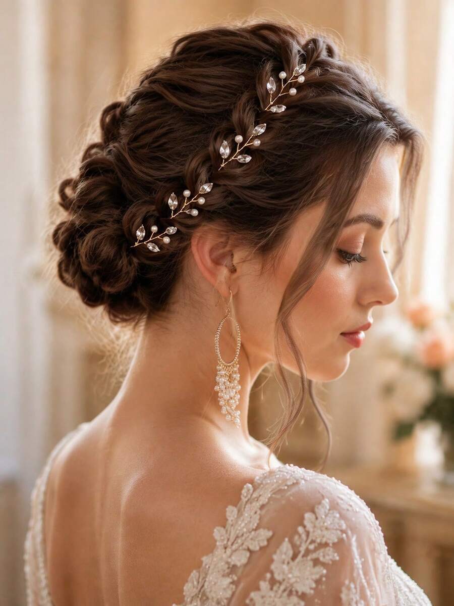 6Pcs Elegant Gold Pearl Rhinestone Bridal Hair Pins Set Crystal Leaf U-Shaped Wedding Hair Forks For Bridesmaid Prom Party Hair Accessories - Multicolor - View 1