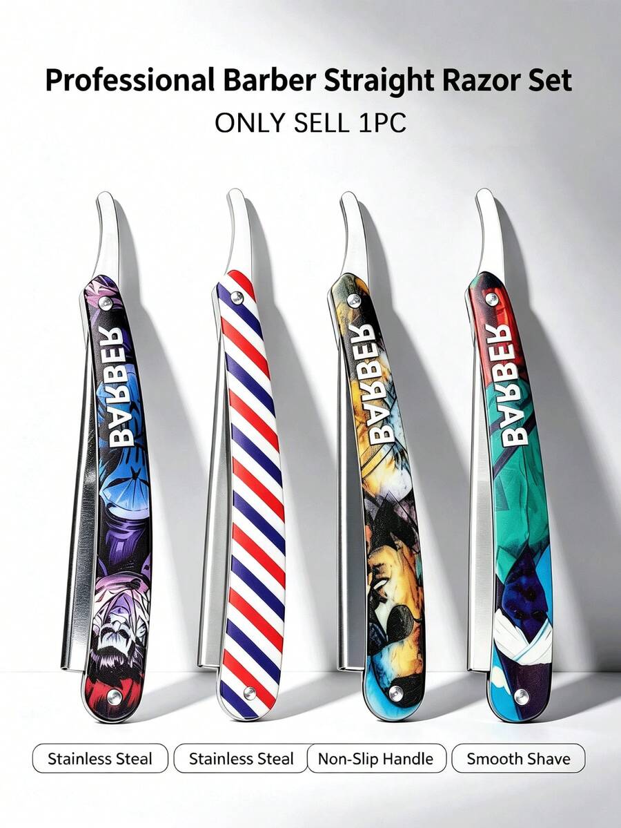 1pc/Men's Manual Folding Straight Razor, Colorful Printed Barber Razor, Professional Hair Salon Razor For Beard Trimming, Bald Head Shaving, Sideburns And Eyebrow Styling, Blade Not Included - Safety Razor - View 1