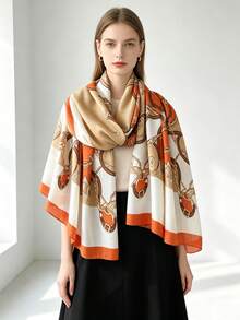1PcVintage Chain Print Large Scarf, Soft Faux Cashmere Warm Shawl Wrap, Retro Old Money Style Fashion Neck Scarf For Women - Multicolor - View 5