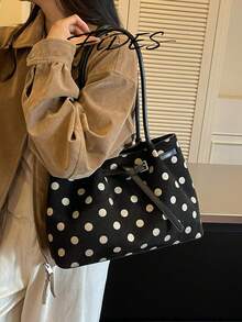 1PC New Women's Polka Dot Print PU Large Capacity Tote Bag, Belt Buckle Design Shoulder Bag, Simple Commute Large Bag, Suitable For Daily Outings, Shopping, Commuting, Versatile Women's Handbag/Shoulder Bag - Black - View 7