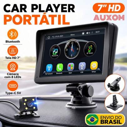 AUXOM MP5 Central Multimídia Portátil Player Bluetooth CarPlay Android Auto com Câmera de Ré 8 LEDs para Carro