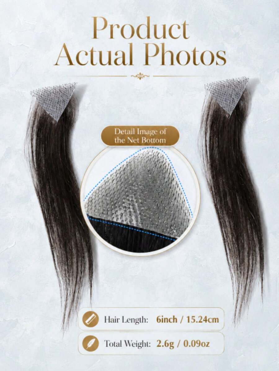 Men's Sideburn & Hairline Lace Patches, 2 Pieces Set, 100% Real Human Hair, Hand-Woven, Natural Texture, Lightweight Breathable Invisible Lace Base, Fills Sideburn & Hairline Gaps For A Fuller Look, Easy To Wear & Maintain. - Natural Black - View 1