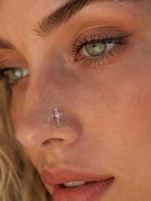 1pc Sweet & Cool Niche Fashion Pink Rhinestone Cross Nose Stud, Women's Piercing Charm Jewelry For Daily & Party Wear - Multicolor - View 2