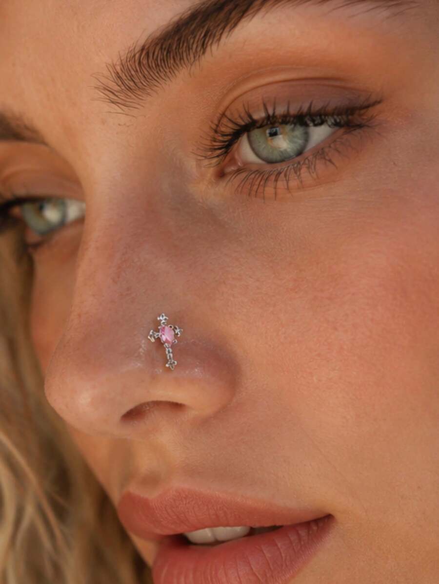 1pc Sweet & Cool Niche Fashion Pink Rhinestone Cross Nose Stud, Women's Piercing Charm Jewelry For Daily & Party Wear - Multicolor - View 1