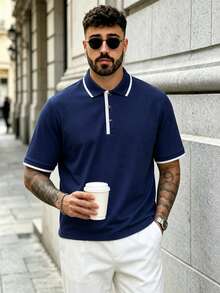 Lookun Men's Polo Shirt, Polo Collar, Short Loose Straight Business Casual Short Sleeve Top, Spring/Summer - Navy Blue - View 2