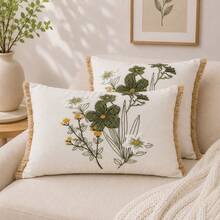 Salbeigrün Wildblumen bestickter Kissenbezug mit Quastenrand, botanischer Blumen Dekorationskissenbezug, Landhausstil Heimdekoration, geeignet für Sofa Bett Schlafzimmer, 1 Stück - Salbeigrün - Übersicht 5