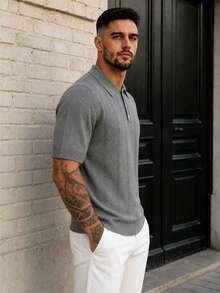 Lookun Men's Polo Shirt, Polo Collar, Short Sleeve, Knit, Loose Fit, Straight Cut, Business Casual, Spring/Summer - Grey - View 3