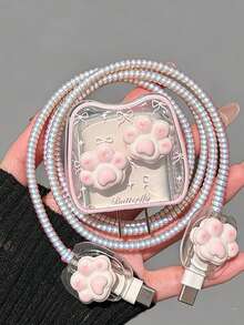 3D Cat Paw Charger Protective Case Set, Transparent Soft Shell Data Cable Anti-Breakage Protection Rope Full Set - Multicolor - View 3