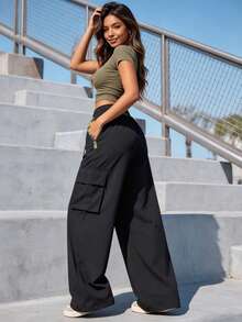 Women's Straight Drawstring Elastic Waist Zipper Pocket Sweatpants, Casual Outdoor Straight Cargo Pants, Neon Color Accents, Spring/Autumn Black - Black - View 6