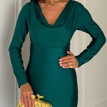 Vestido Longo Feminino em Malha Trilobal Manga Longa Elegante Festa REF:182  Drapeado  Enrugado    Casamento  Formal e Noturno - verde esmeralda - Visão 4