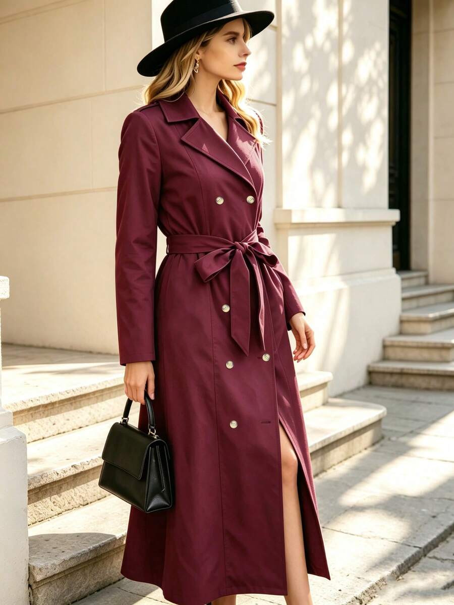 Mantel Trench Wanita Lengan Panjang Kerah Warna Polos Desain Kancing Burgundy Vintage Kancing Ganda - Burgundy - View 1