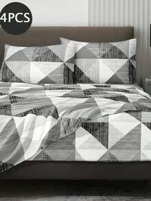 Set Sprei 4 Potong Motif Patchwork Segitiga Ungu & Abu-abu, Set Sprei Lembut Mudah Perawatan (1 Sprei Datar + 1 Sprei Fitted + 2 Sarung Bantal), Set Sprei Rajut Cocok Untuk Ukuran King/Queen/Full/Twin, Cocok Untuk Kasur Tebal 11,8 Inci, Lembut, Bernapas, Tahan Kerut, Sprei Motif Geometris - Grey - View 2