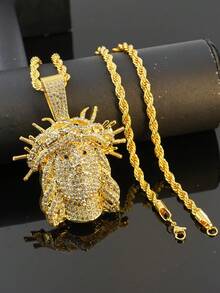 1pc Hip Hop Full Rhinestone Jesus Head Pendant Necklace, Heavy Rhinestone Inlaid Cuban Chain, Gold Vintage Religious Style Accessory, Rap Stage Party Unisex Personalized Gift Jewelry - Crown Of Thorns Jesus - View 3