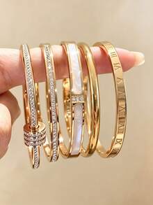 5/1pc Gold Hinge Bracelet, Rhinestone Shell Floral Roman Numeral Details, Suitable For Daily Layering - Gold - View 16