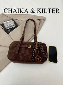 CHAIKA & KILTER 1件裝純色麂皮布料女款復古時尚啞光保齡球包，對比色絎縫線條，雙手柄設計，拉鍊開合，適合日常與街頭使用（附吊飾） - 咖啡 - 查看 4