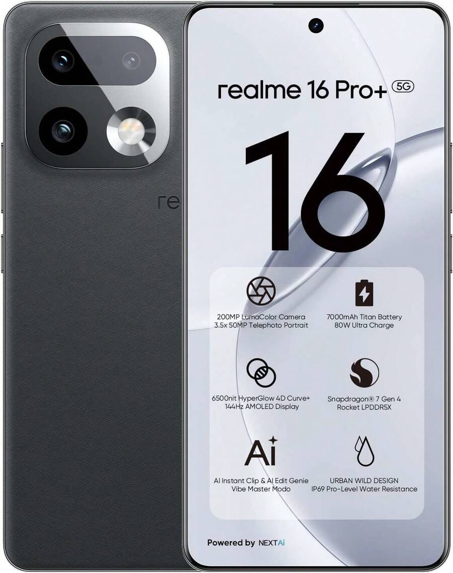 Realme 16 Pro+ 5G 智慧型手機 8GB+256GB | 12GB+512GB，200MP LumaColor，7000mAh 電池，8.25mm 薄身，6.8 吋 144Hz 4D 曲面 + 6500nits 螢幕，Snapdragon 7 Gen 4 處理器，IP69/NFC，Android 16，不含適配器 - 灰色 - 查看 1