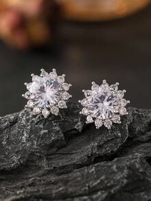 1 Pair Round Cubic Zirconia Stud Earrings, Silver Color, Unisex, Suitable For Daily Wear, Gift For Girlfriend - Hoop Earrings - View 1