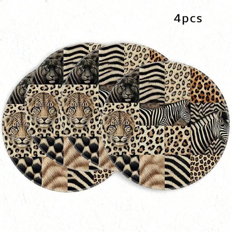 1/4/6pcs African Animal Patchwork Leopard & Zebra Hand-Painted Pattern Placemats, Suitable For Home Kitchen, Made Of Polyester Fiber, Kitchen Table Decoration And Party Scene Decoration - Multicolor - View 12