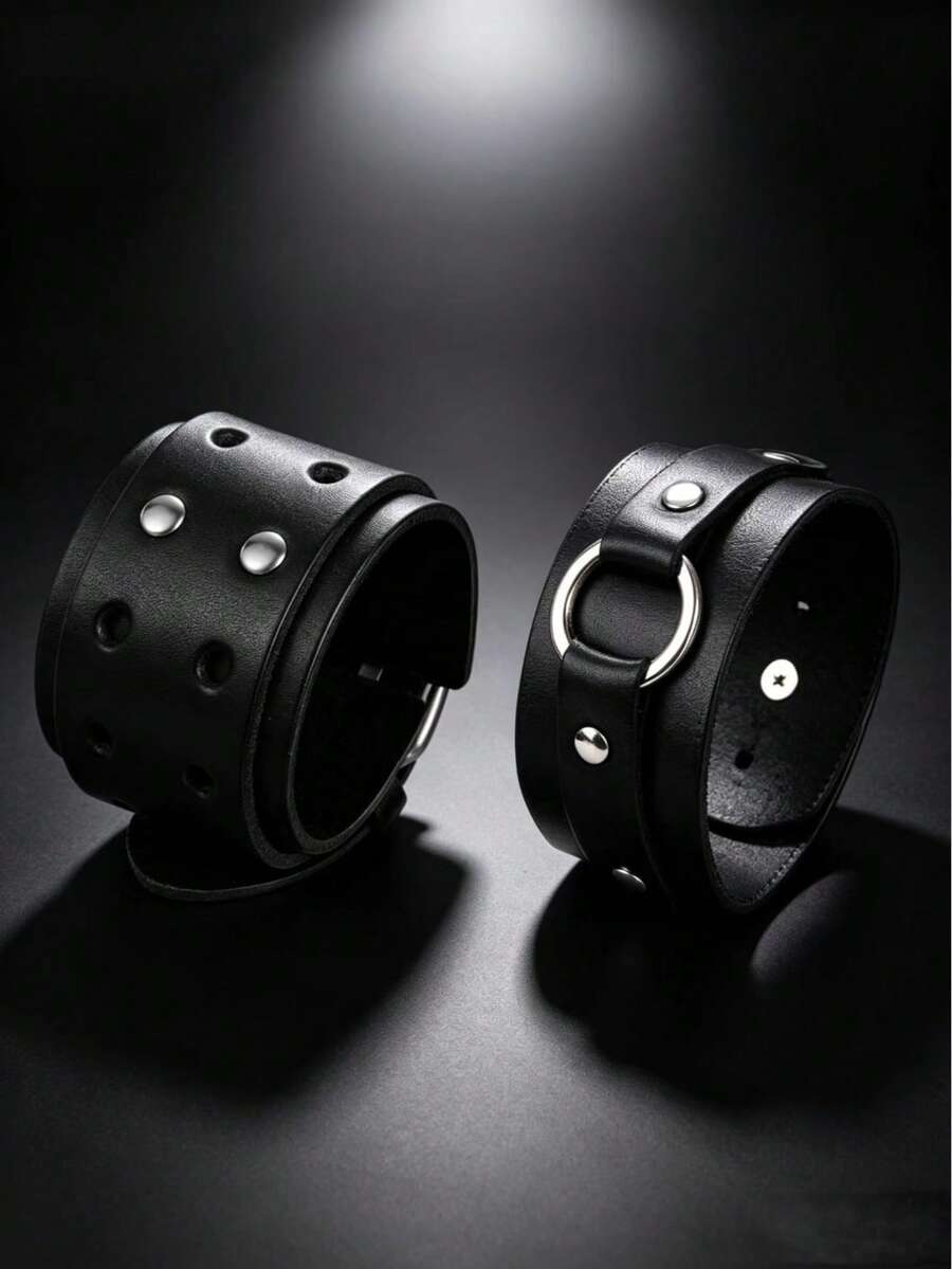 2pcs Punk Casual PU Leather Bracelets, Suitable For Men's Daily Motorcycle Style Wear, Exquisite Bracelet Gift For Men - Black - View 1