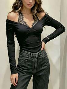 Women's Regular-Length Long-Sleeved V-Neck Knitted Sweater, Soft And Highly Elastic Fitted Base Layer Top With Lace Color-Blocking Design - Black - View 5