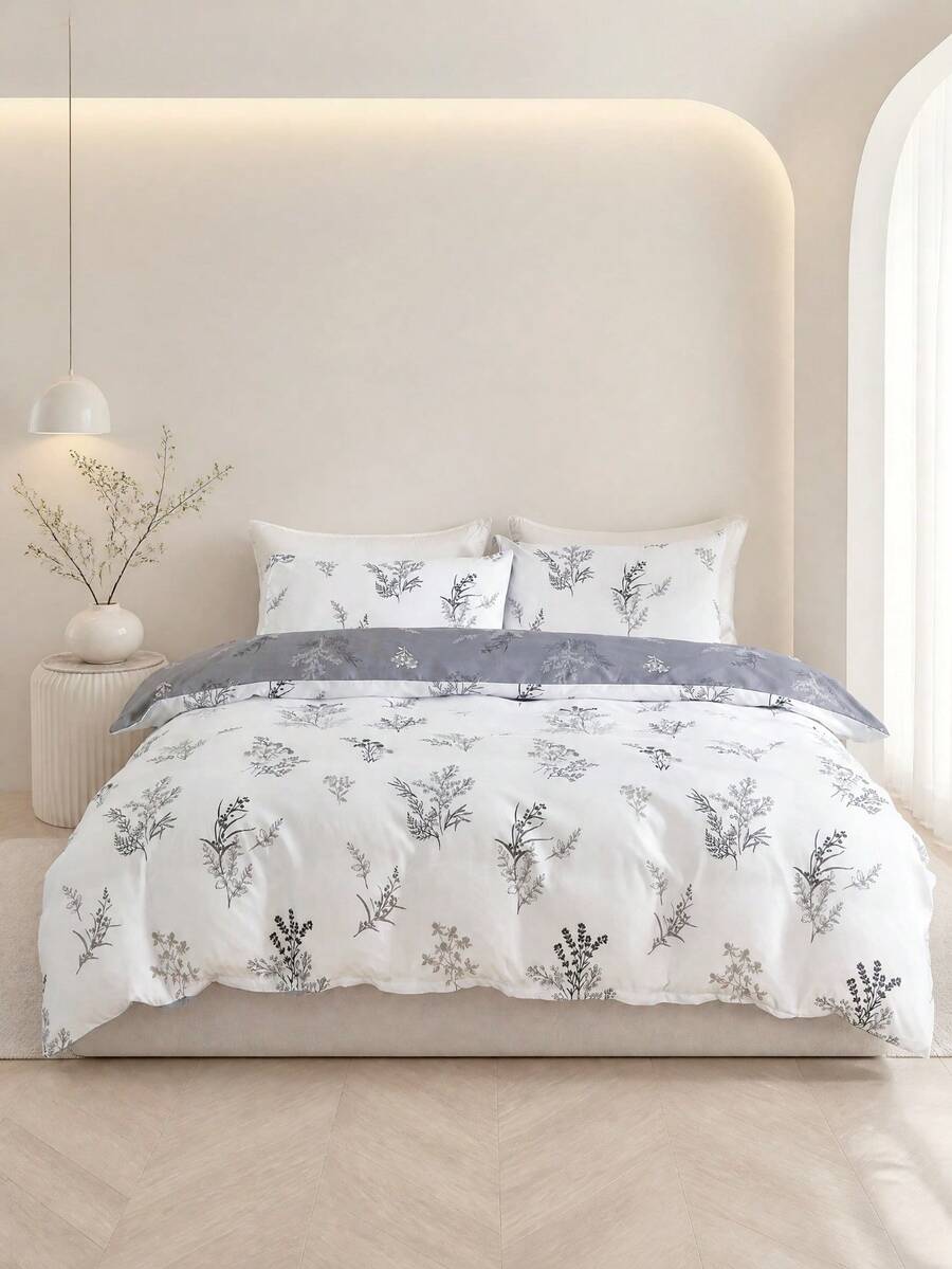 3-Piece Gray And White Floral Print Bedding Set - White - View 1