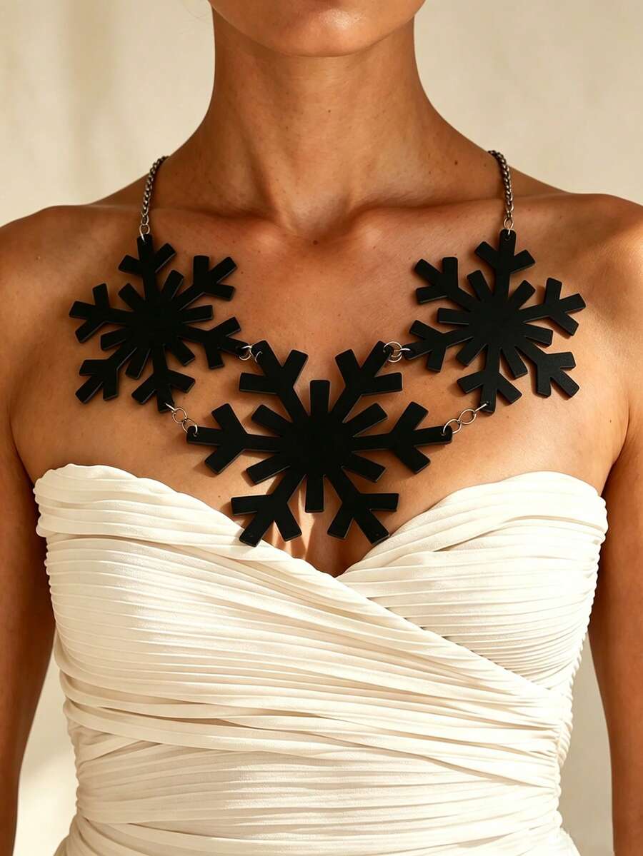 1pc Winter Christmas Snowflake Decor Neck Accessory Holiday Party Personalized Double Layer PU Leather Necklace - Multicolor - View 1