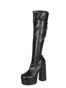 New Women's Chunky Heel Waterproof Platform Slimming Elastic Knee-High Fashion Boots - Black - View 9
