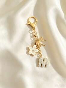 1pc Bowknot Flower Letter Keychain, Rhinestone Studded English Letter Pendant, Sweet Style Metal Bowknot White Flower Rhinestone Letter Keychain, Personalized DIY Letter Bag Charm, Car Key Chain For Girls - Flower Letters - View 10
